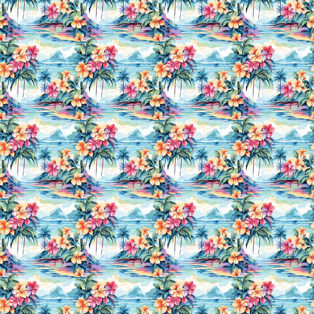 Pastel Tropical Lagoon Hibiscus Scenic Decorative Repeat Pattern