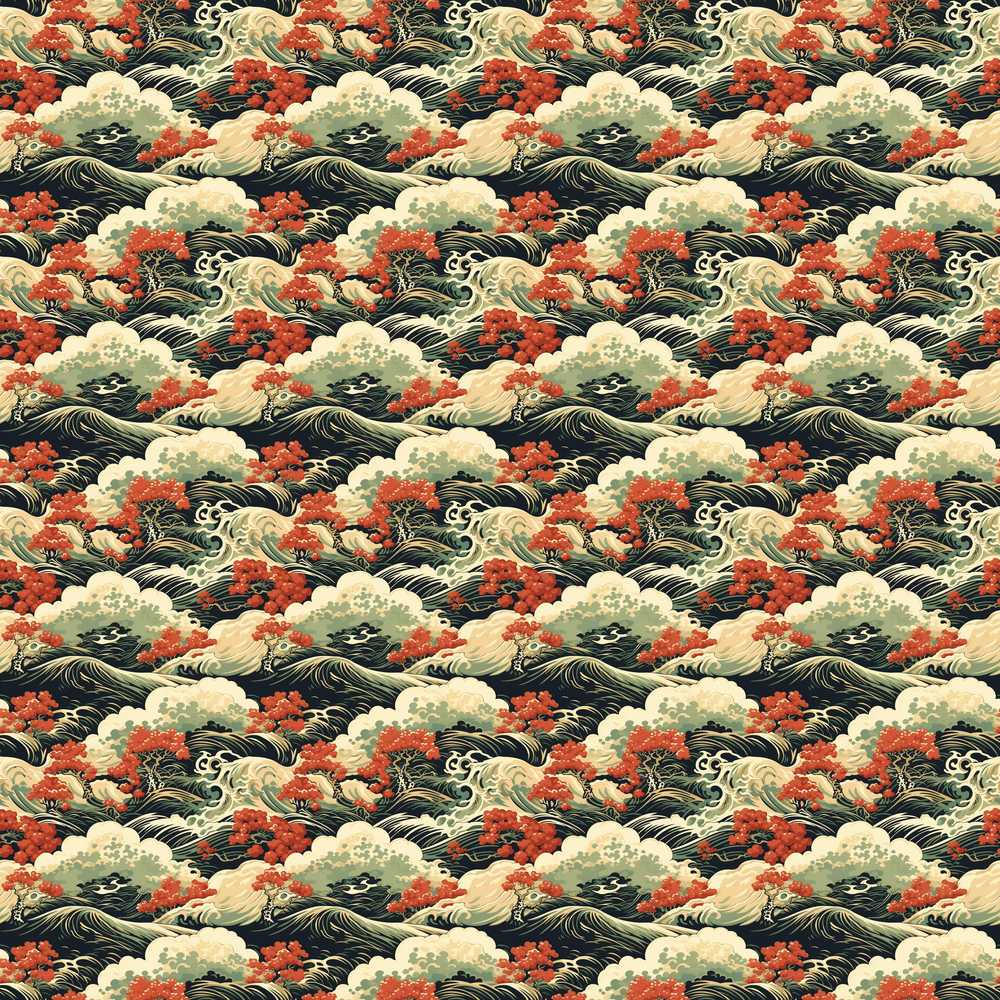 Classic Japanese Waves Red Blossom Art Wildflower Pattern Botanical
