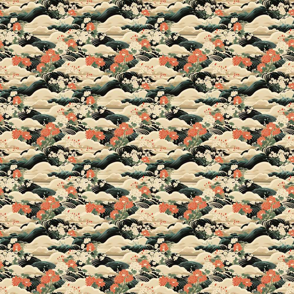 Vintage Floral Waves Chrysanthemum Art Wildflower Pattern Botanical