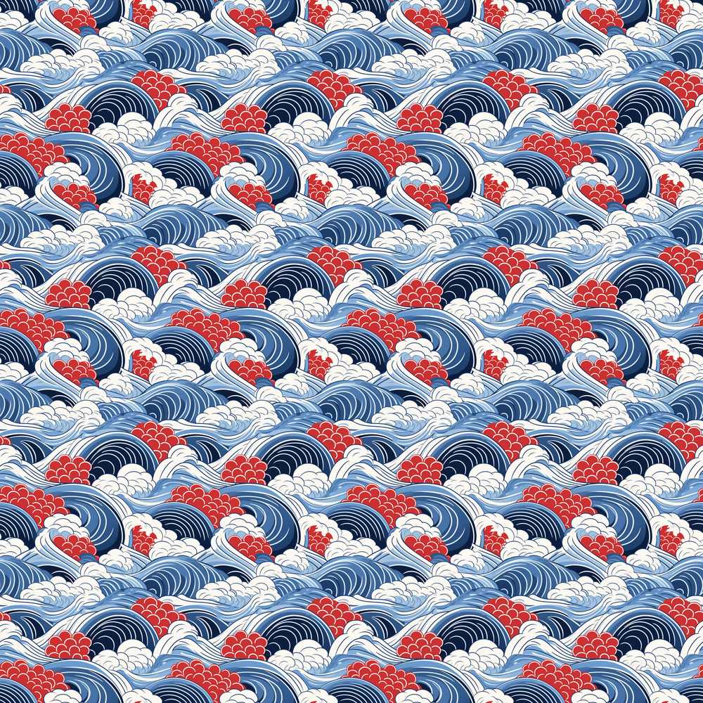 Japanese Blue Ocean Waves Red Accent Coastal Illustration