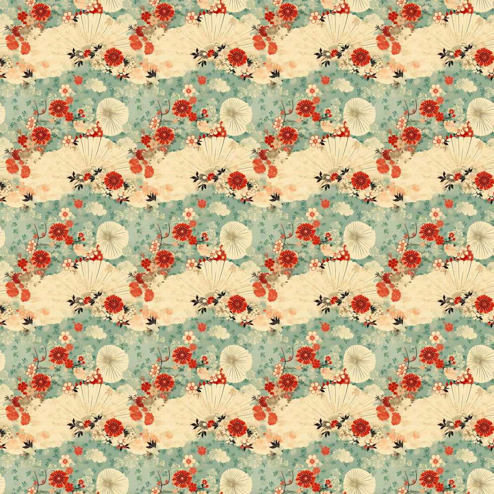 Japanese Fans Floral Blossom Soft Pastel Wildflower Pattern Botanical