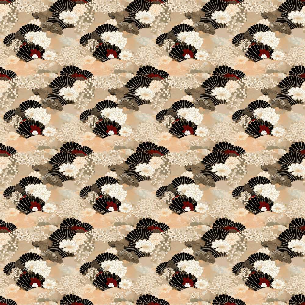Elegant Gold Black Floral Fan Wildflower Pattern Botanical