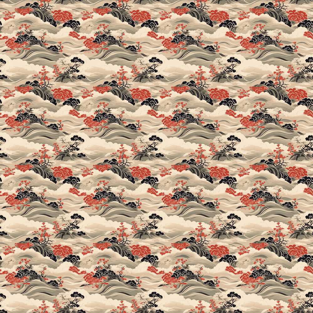 Classic Landscape Waves Red Trees Decorative Repeat Pattern