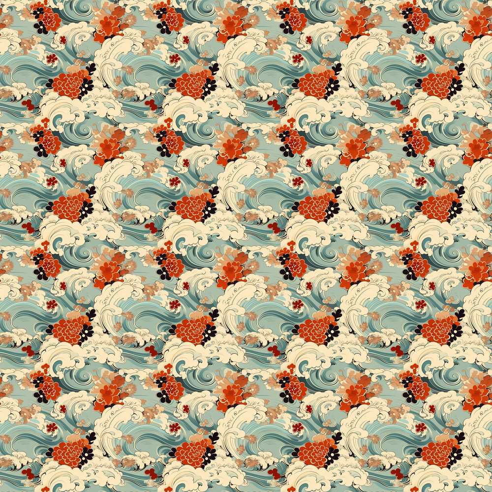 Teal Ocean Waves Floral Japanese Art Wildflower Pattern Botanical