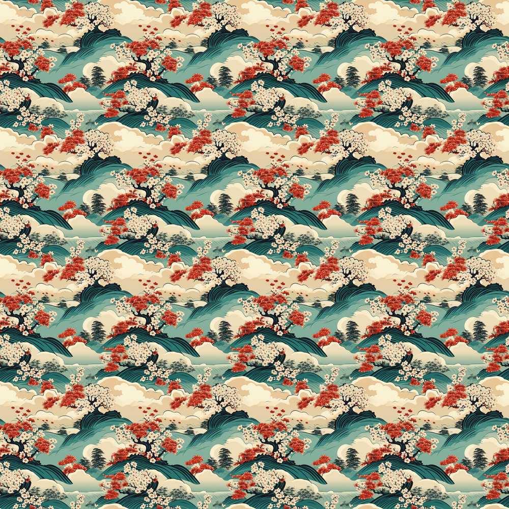 Japanese Scenic Mountains Blossom Trees Wildflower Pattern Botanical