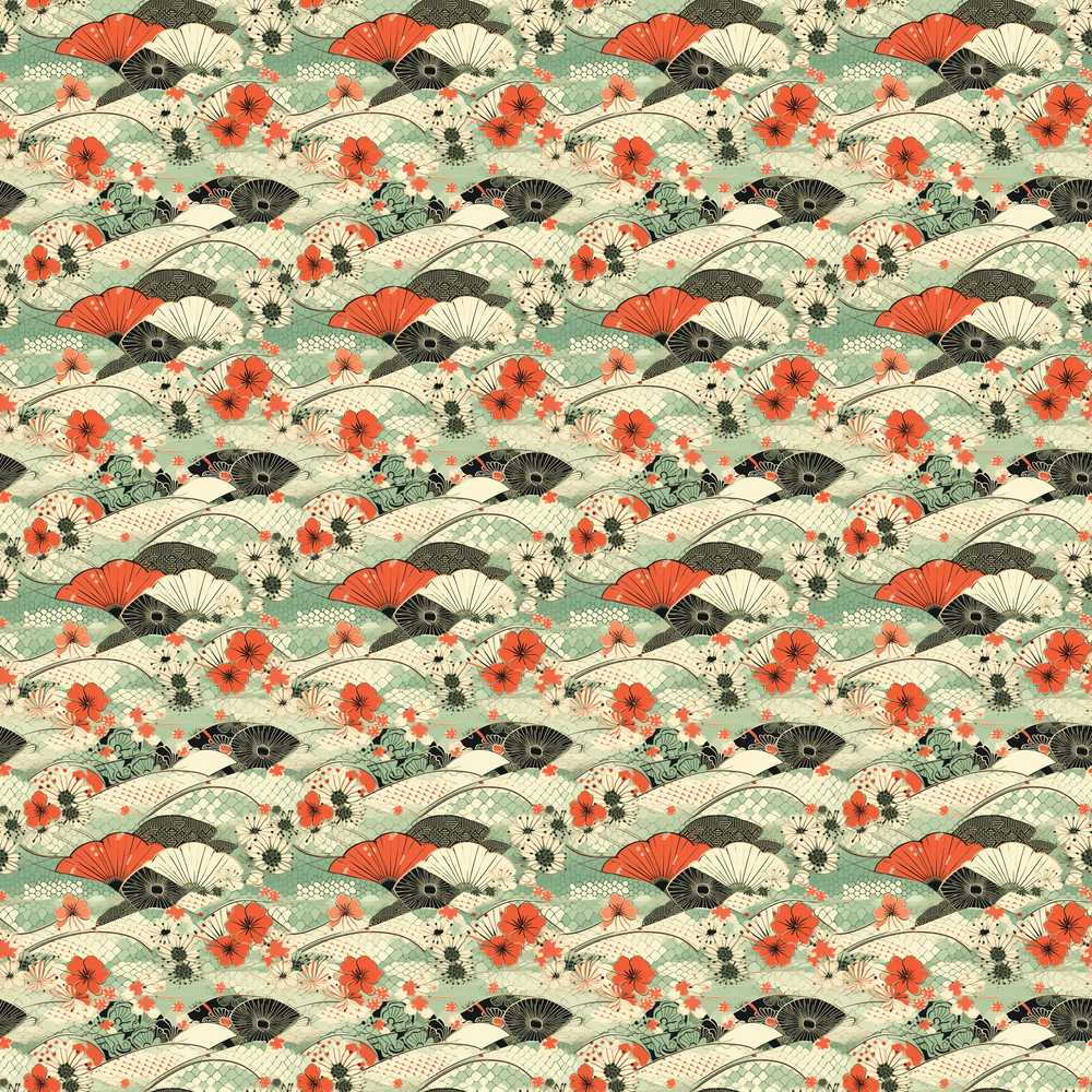 Japanese Fans Sakura Floral Wave Wildflower Pattern Botanical