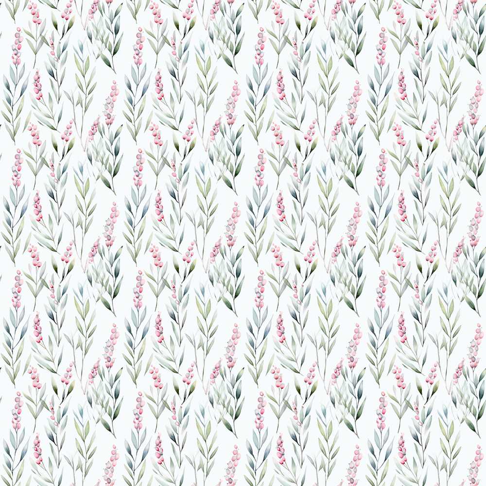 Soft Pastel Botanical Leaves with Pink Berries Wildflower Pattern