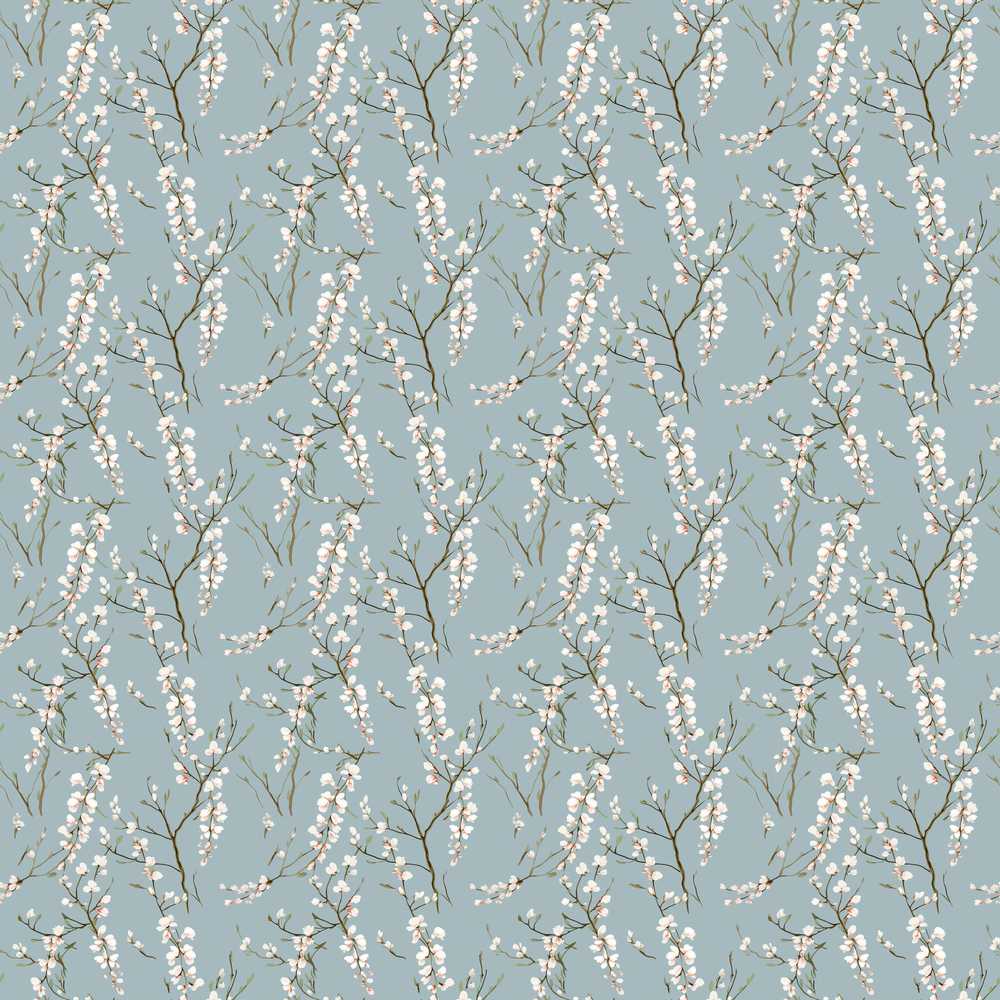 Delicate White Blossom Branches on Blue Background Wildflower Pattern