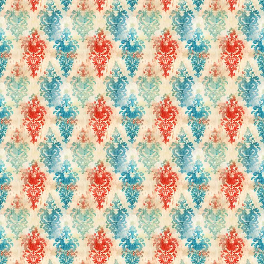 Distressed Teal Red Ornamental Damask Grunge Decorative Repeat