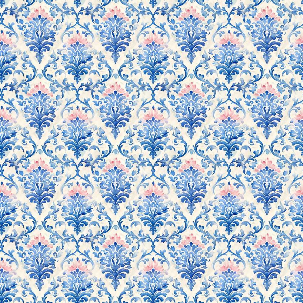 Blue Floral Baroque Scroll Classic Wildflower Pattern Botanical