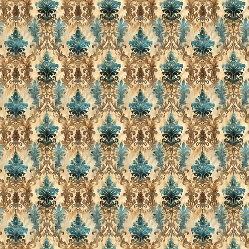 Antique Brown Teal Baroque Damask Classic Decorative Repeat