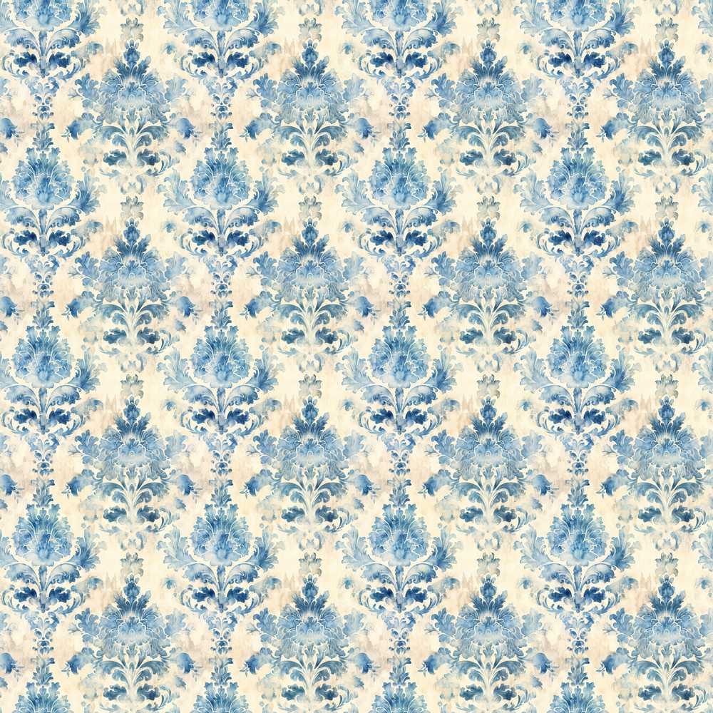 Classic Blue Watercolor Damask Ornamental Decorative Repeat Pattern