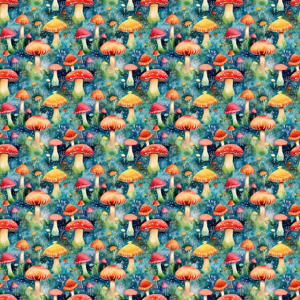 Whimsical Forest Mushrooms Colorful Nature Decorative Repeat Pattern