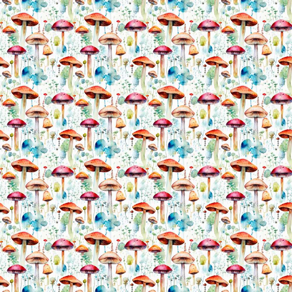 Vibrant Watercolor Mushroom Forest Artistic Decorative Repeat Pattern
