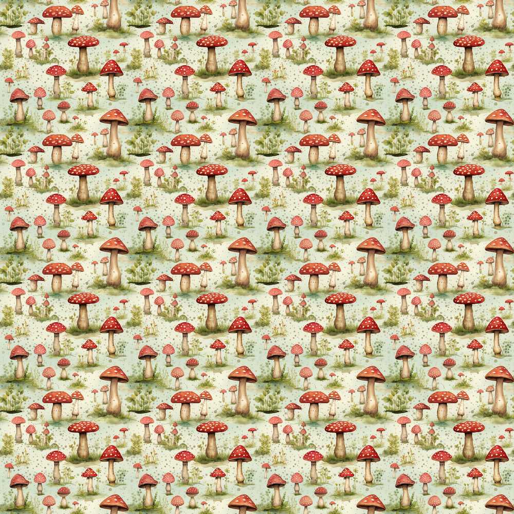 Vintage Red Toadstool Meadow Scenic Decorative Repeat Pattern
