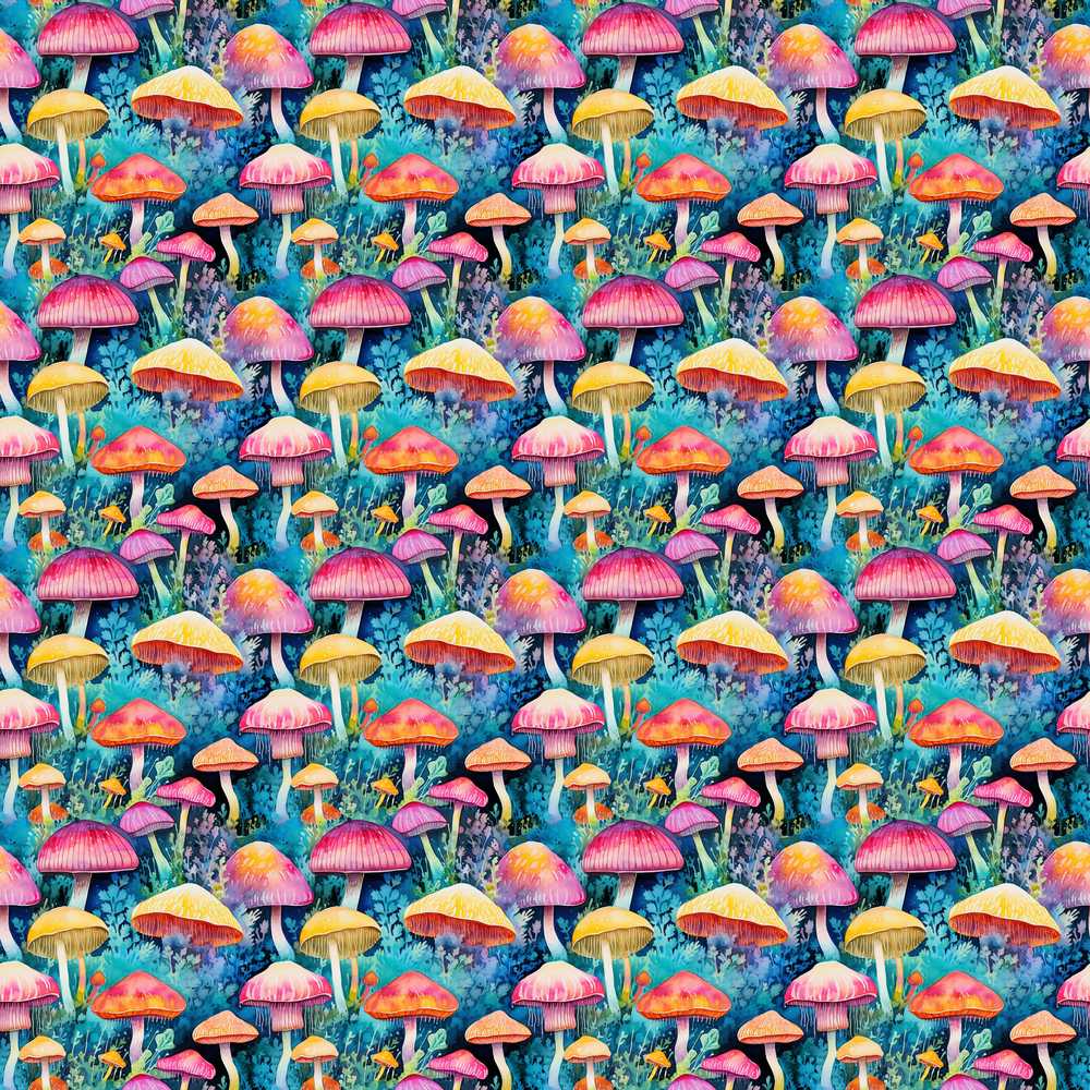 Vibrant Neon Fantasy Mushroom Forest Decorative Repeat Pattern