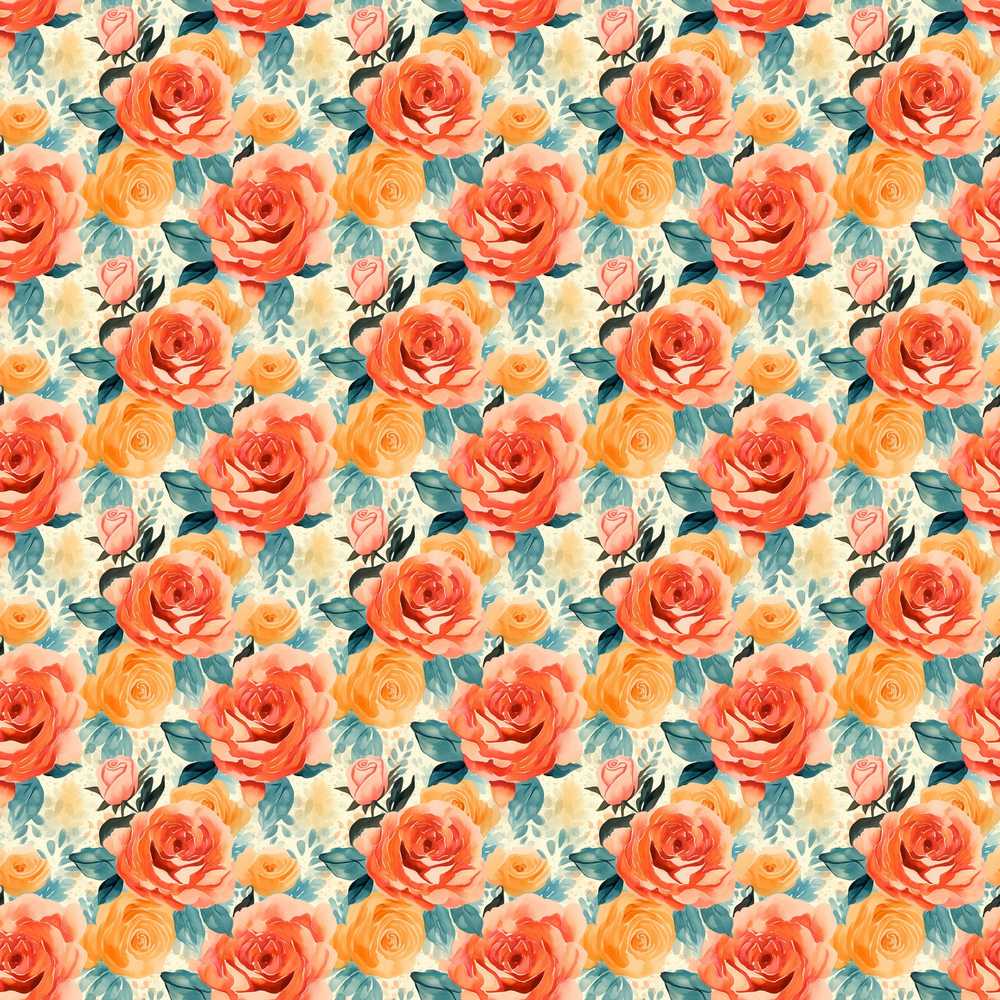 Vibrant Coral Orange Roses Floral Wildflower Pattern Botanical