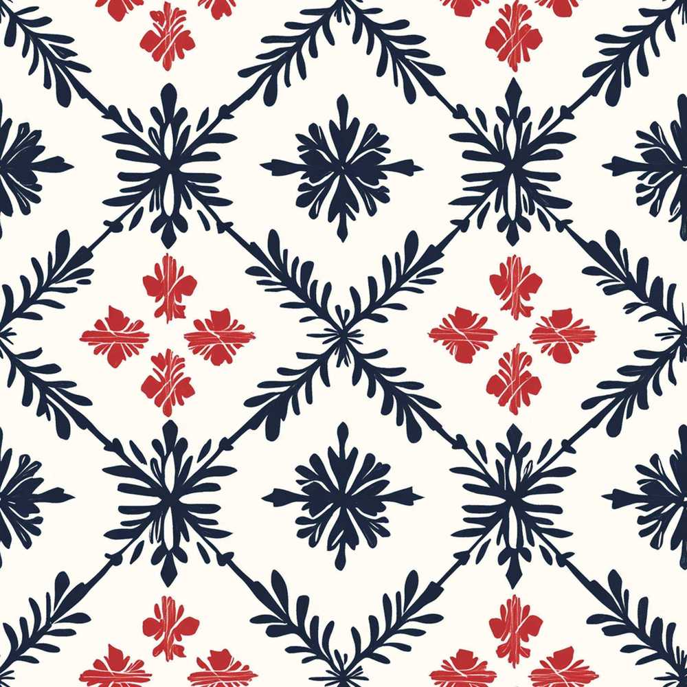 Scandinavian Style Blue Red Floral Tile Wildflower Pattern Botanical