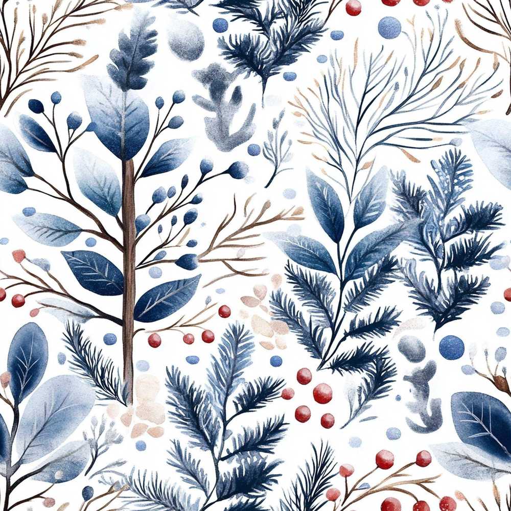 Winter Botanical Leaves and Berries Wildflower Pattern