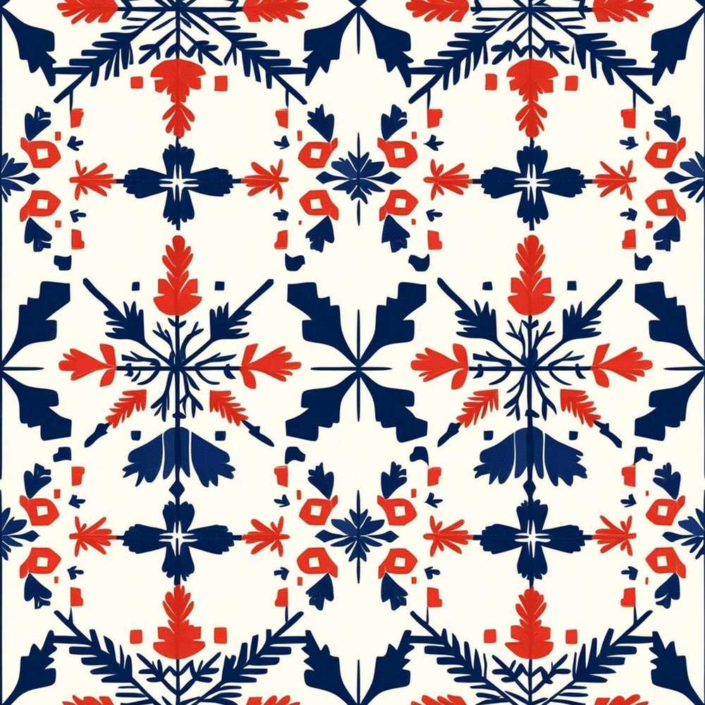 Scandinavian Folk Art Red Blue Floral Wildflower Pattern Botanical