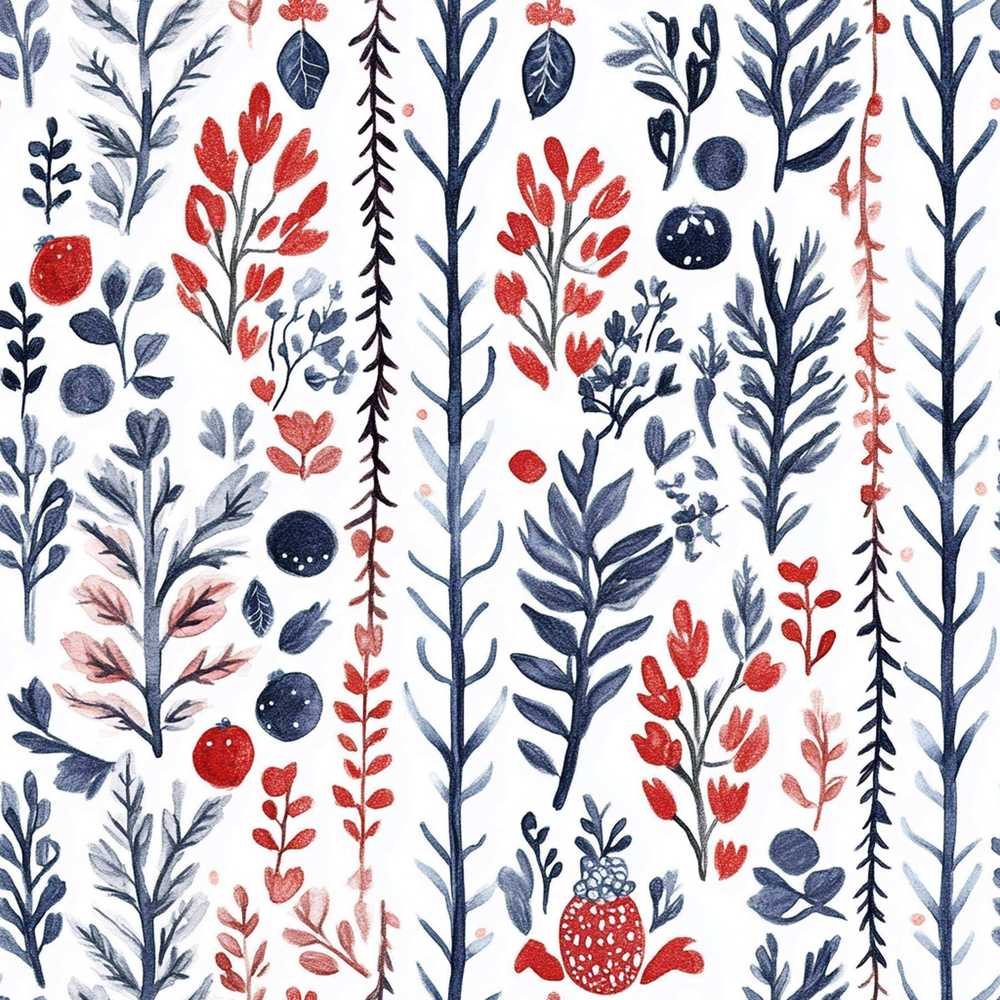 Scandinavian Botanical Red Blue Leaves Wildflower Pattern