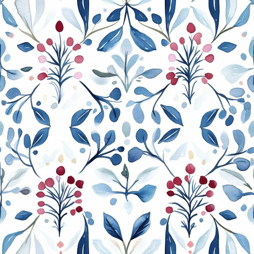 Soft Blue Red Berry Botanical Wildflower Pattern