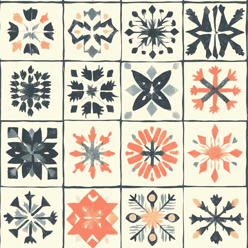 Rustic Folk Tile Snowflake Grid Festive Holiday Seasonal