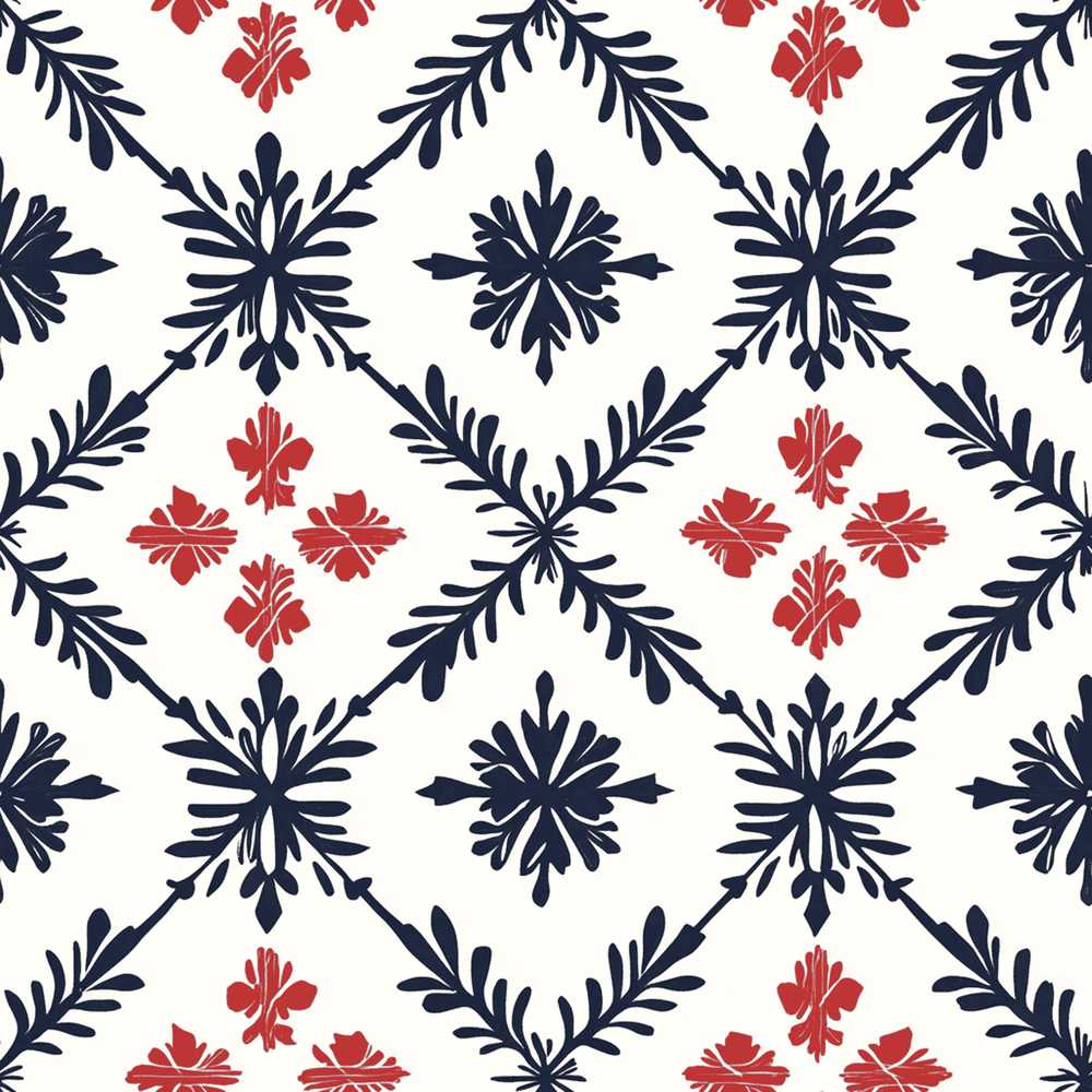 Nordic Folk Floral Grid Blue Red Wildflower Pattern Botanical