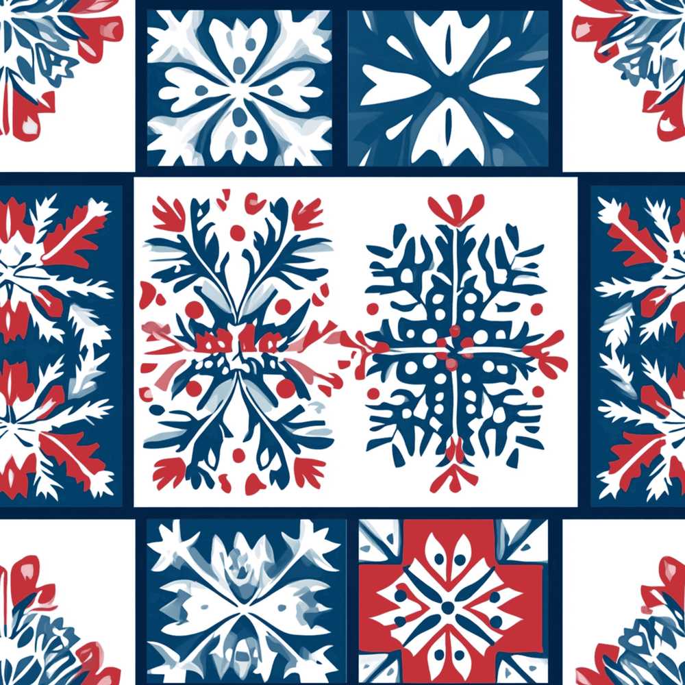 Patchwork Folk Tile Snowflake Blue Red Festive Holiday