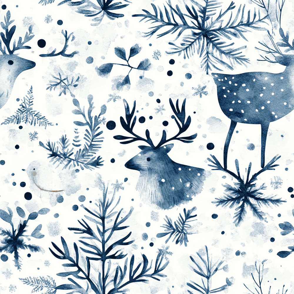 Winter Woodland Deer Snowflake Blue Festive Holiday Seasonal