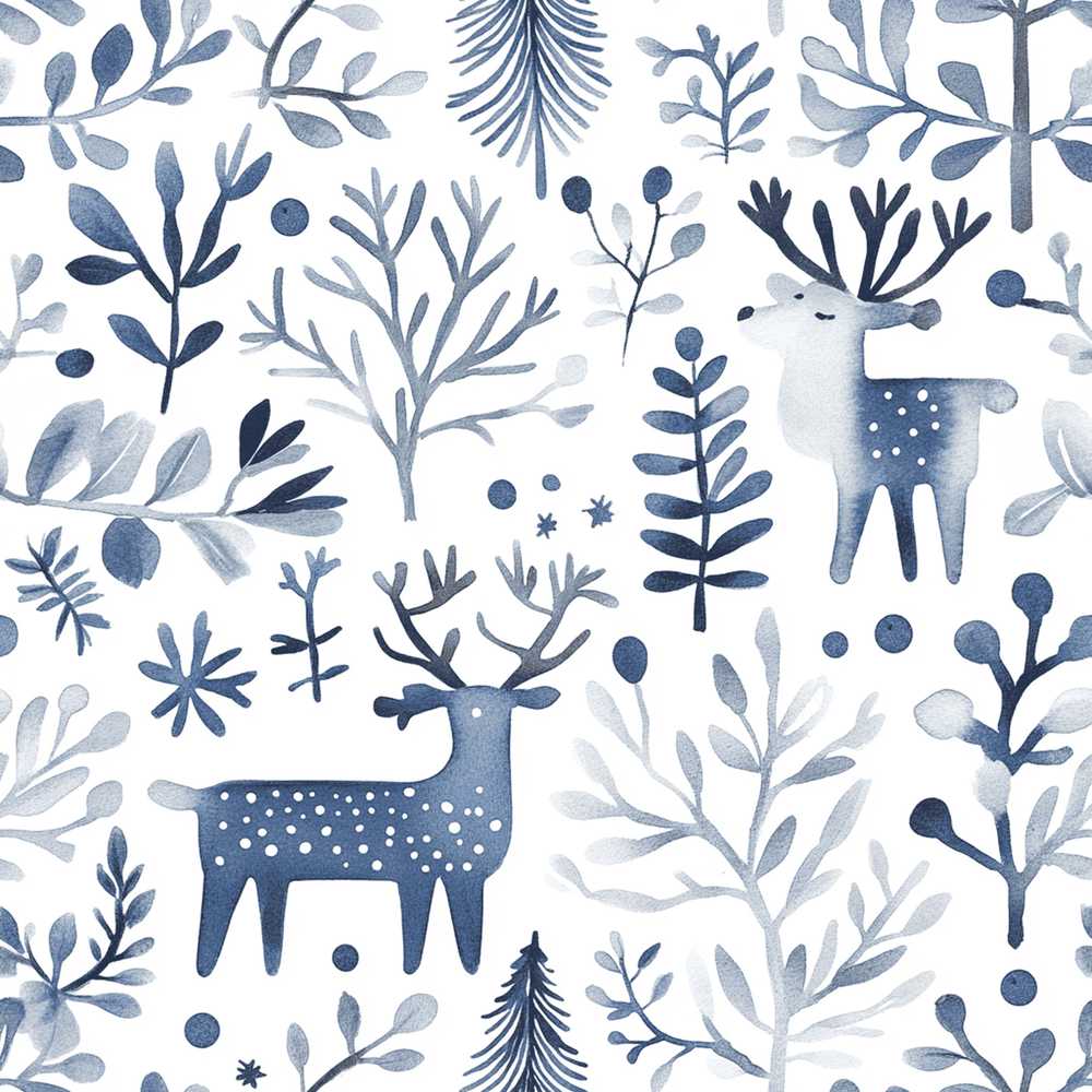Minimal Nordic Deer Botanical Blue Grey Wildflower Pattern