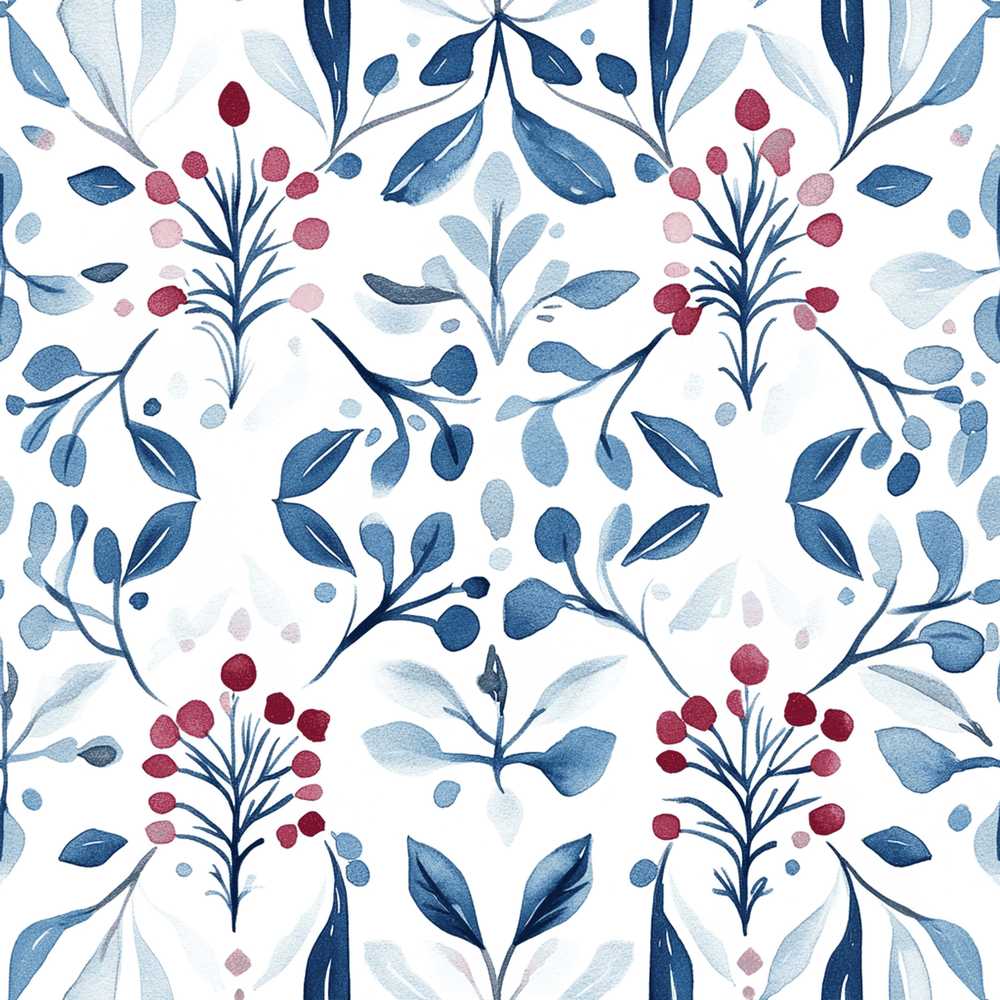 Blue Red Berry Botanical Folk Art Wildflower Pattern