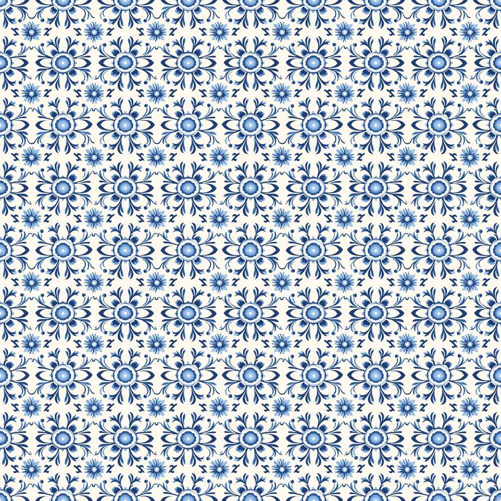 Blue Tile Floral Vintage Repeat Wildflower Pattern Botanical