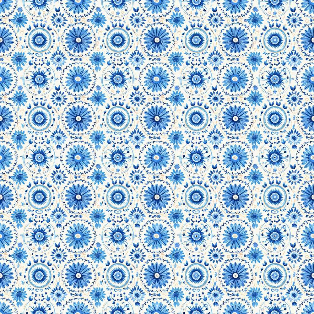 Blue Circular Floral Mandala Wildflower Pattern Botanical