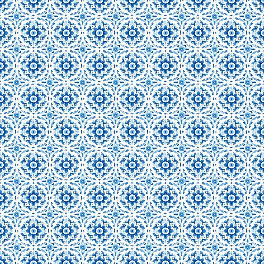 Blue Geometric Tile Floral Repeat Wildflower Pattern Botanical