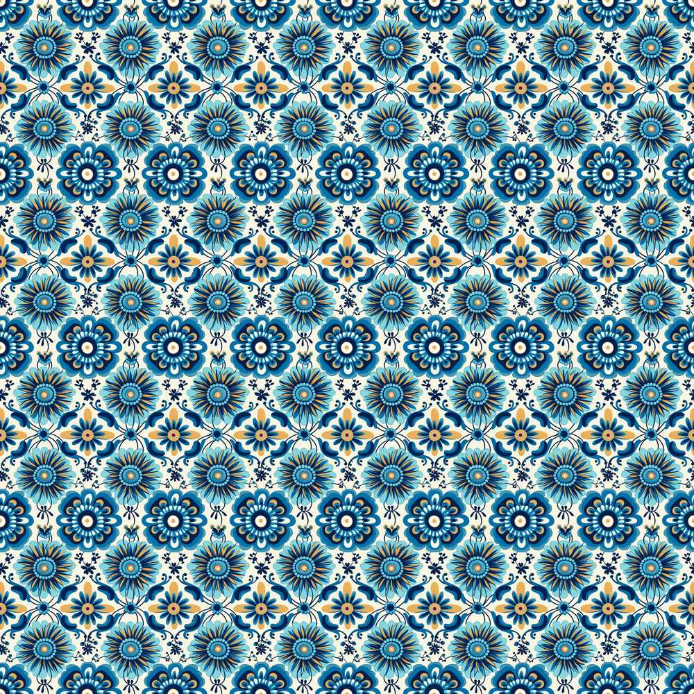 Blue Floral Geometric Tile Wildflower Pattern Botanical