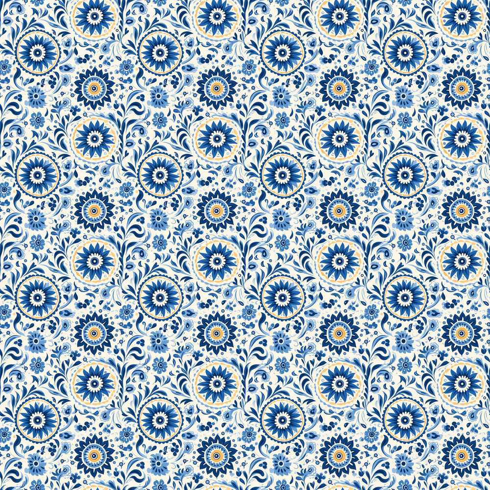 Blue Ornamental Folk Floral Wildflower Pattern Botanical
