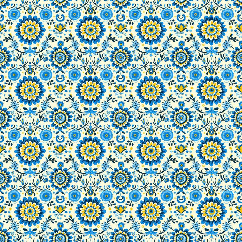 Blue Yellow Folk Art Floral Wildflower Pattern Botanical