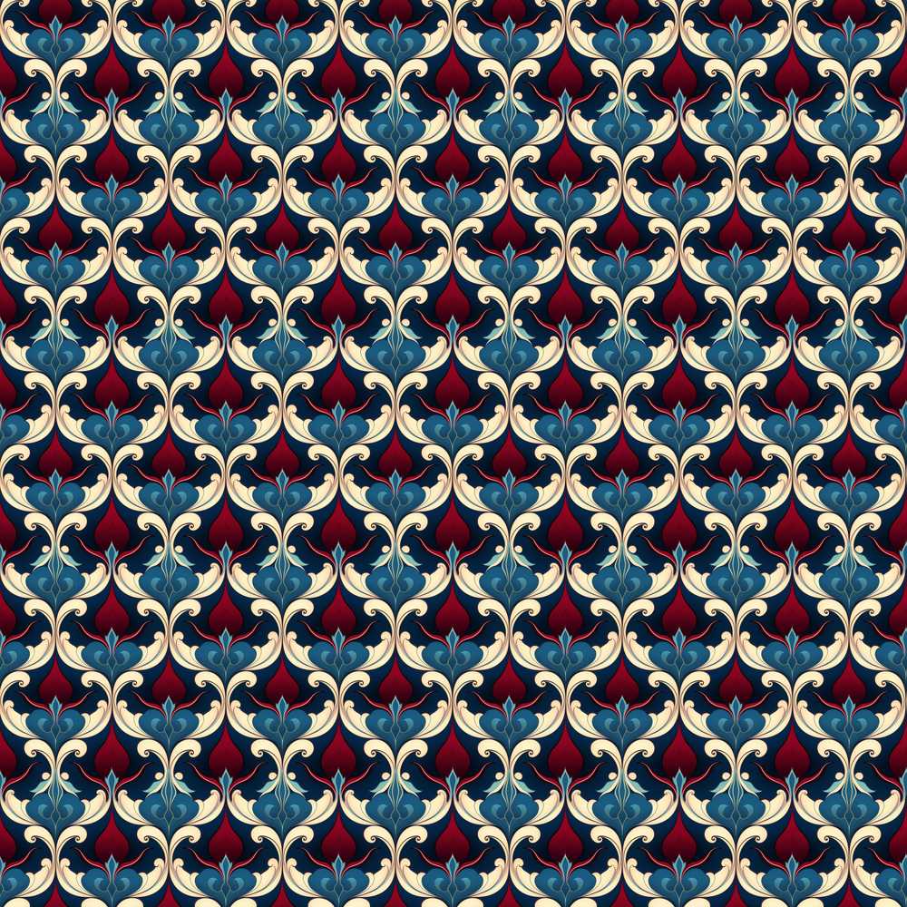 Ornate Red Blue Damask Floral Wildflower Pattern Botanical