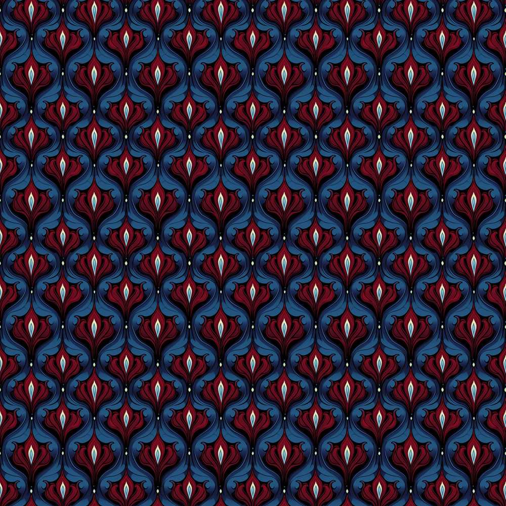 Dark Red Blue Ornate Floral Damask Wildflower Pattern Botanical