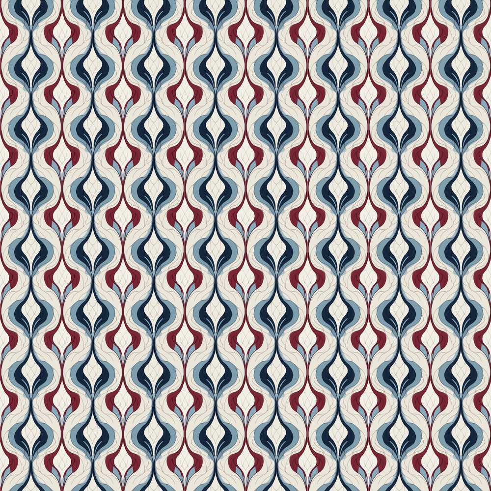 Wavy Abstract Leaf Pattern in Blue Red and Cream