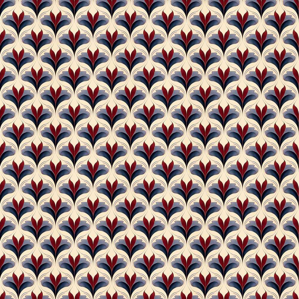 Classic Art Deco Floral Motif Pattern in Red Blue and