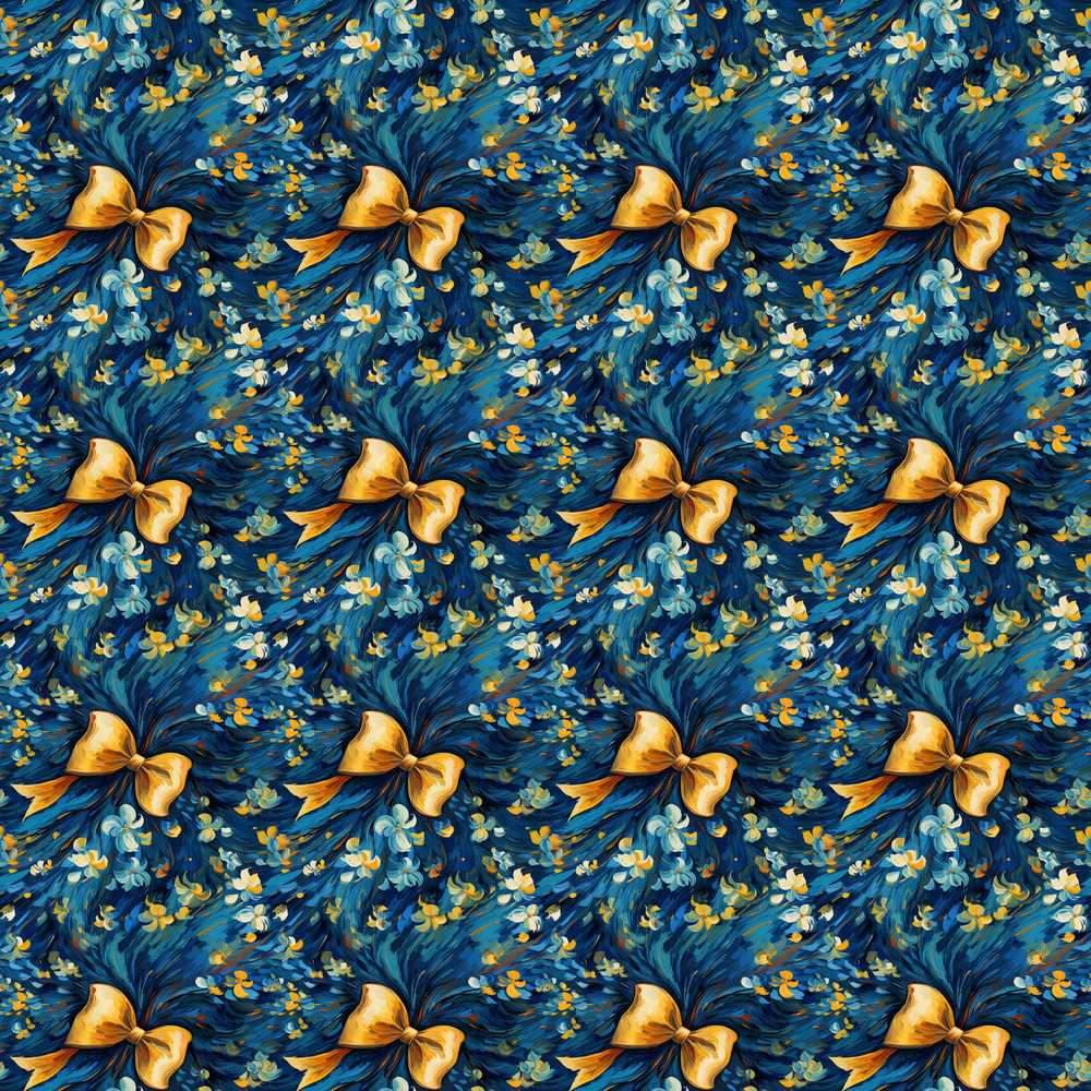 Elegant Blue Floral Swirl Pattern with Golden Bows Wildflower
