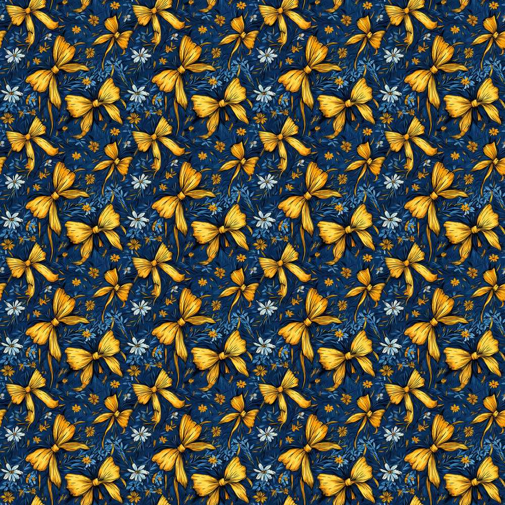 Golden Bow and Floral Pattern on Deep Blue Background
