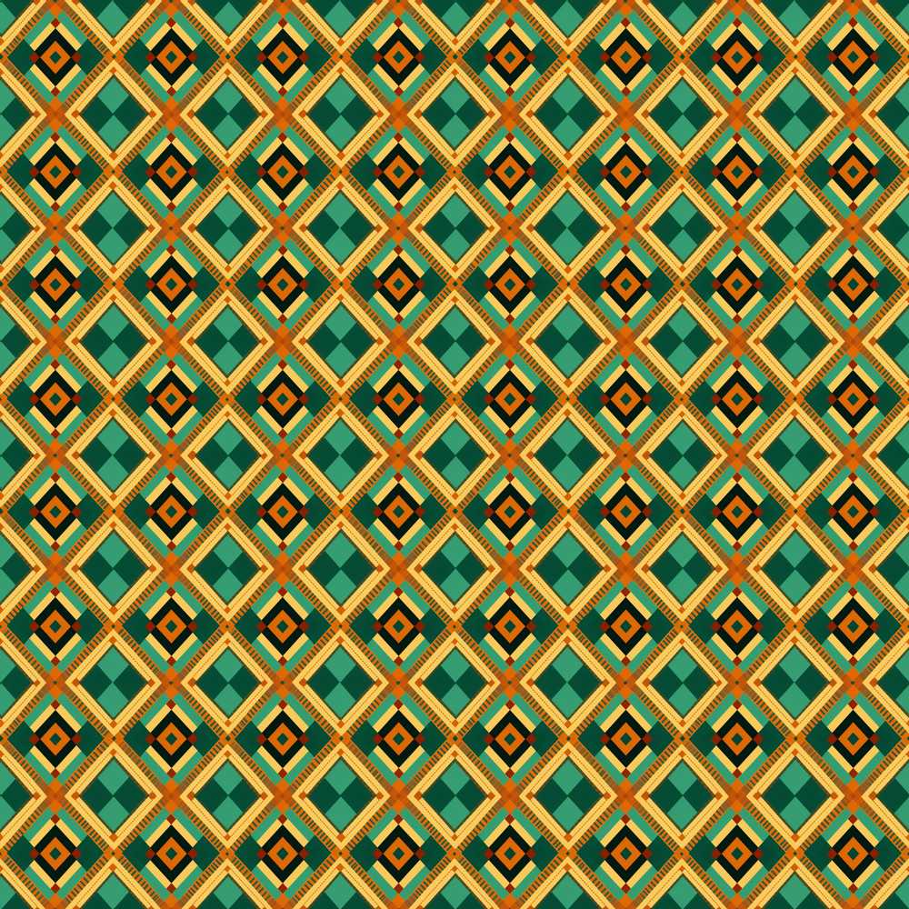 Mid Century Geometric Diamond Pattern Green Orange and Beige