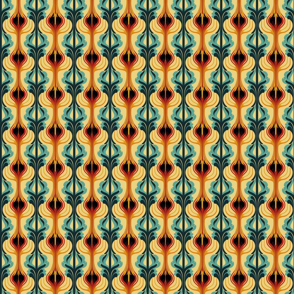 Elegant Ornamental Leaf Pattern in Teal Orange and Cream