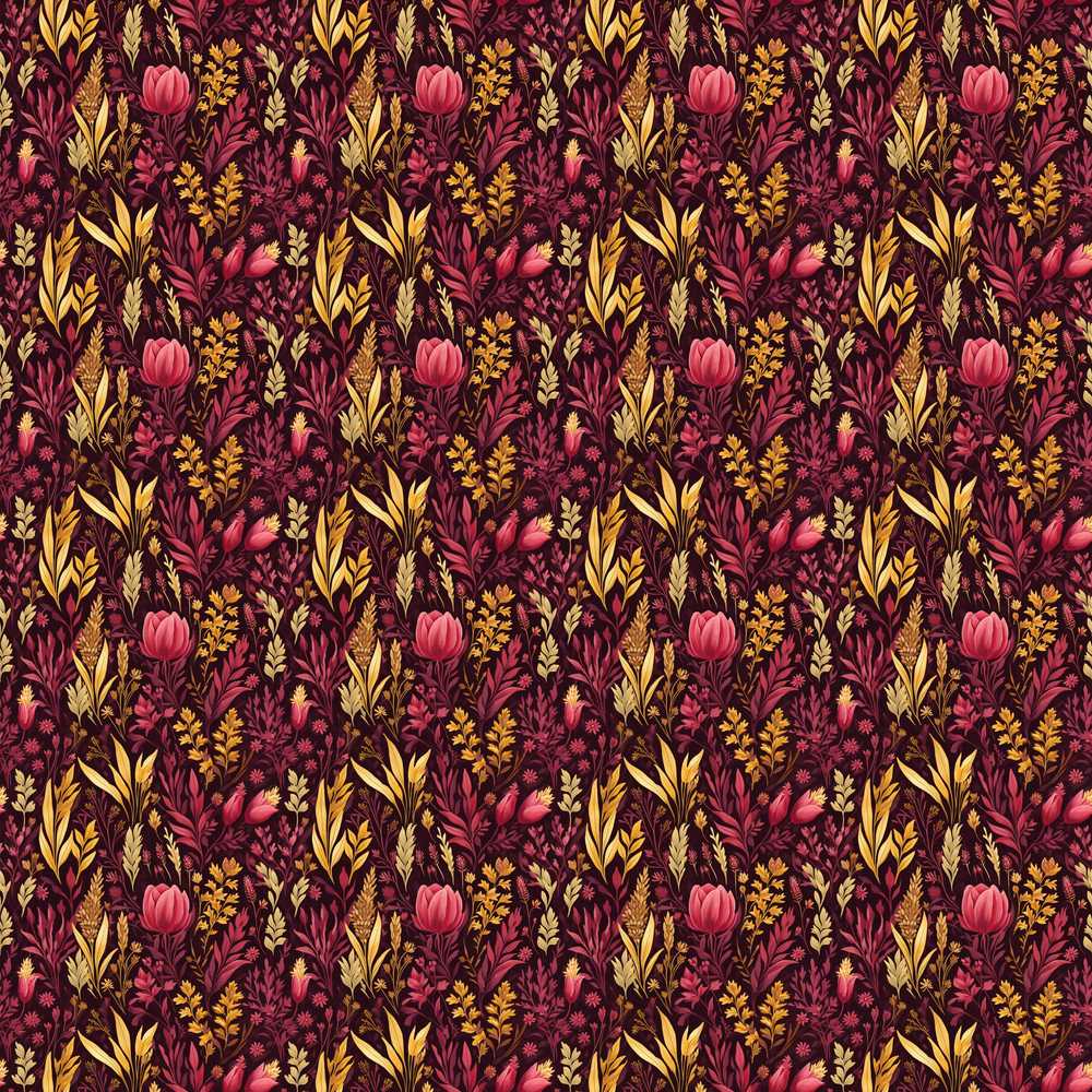 Dark Botanical Floral Pattern in Red and Gold Wildflower