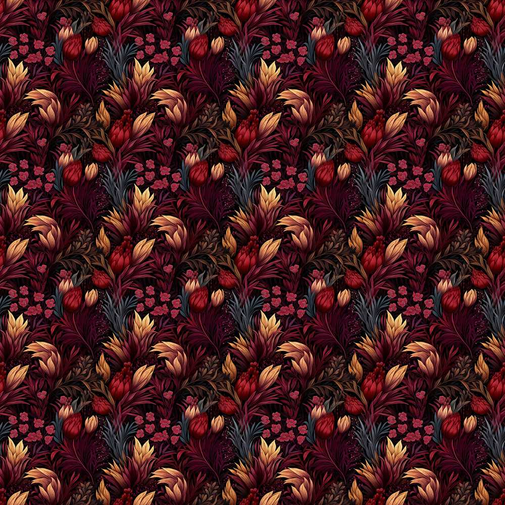 Luxury Deep Red Floral Pattern with Foliage Wildflower Botanical