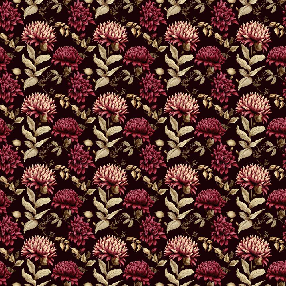 Rich Burgundy Dahlia Floral Pattern with Beige Leaves Wildflower