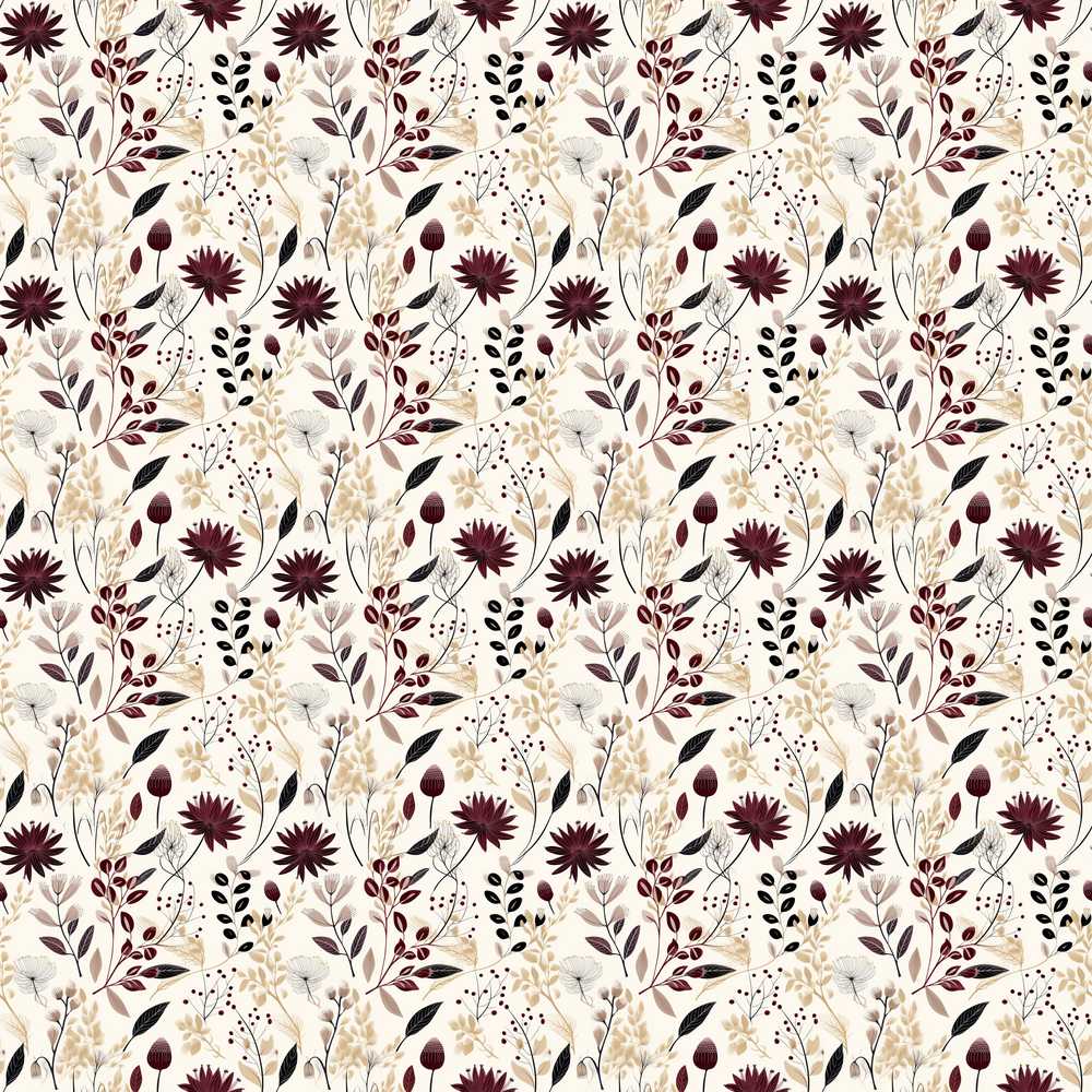Neutral Wildflower Botanical Pattern with Burgundy Accents